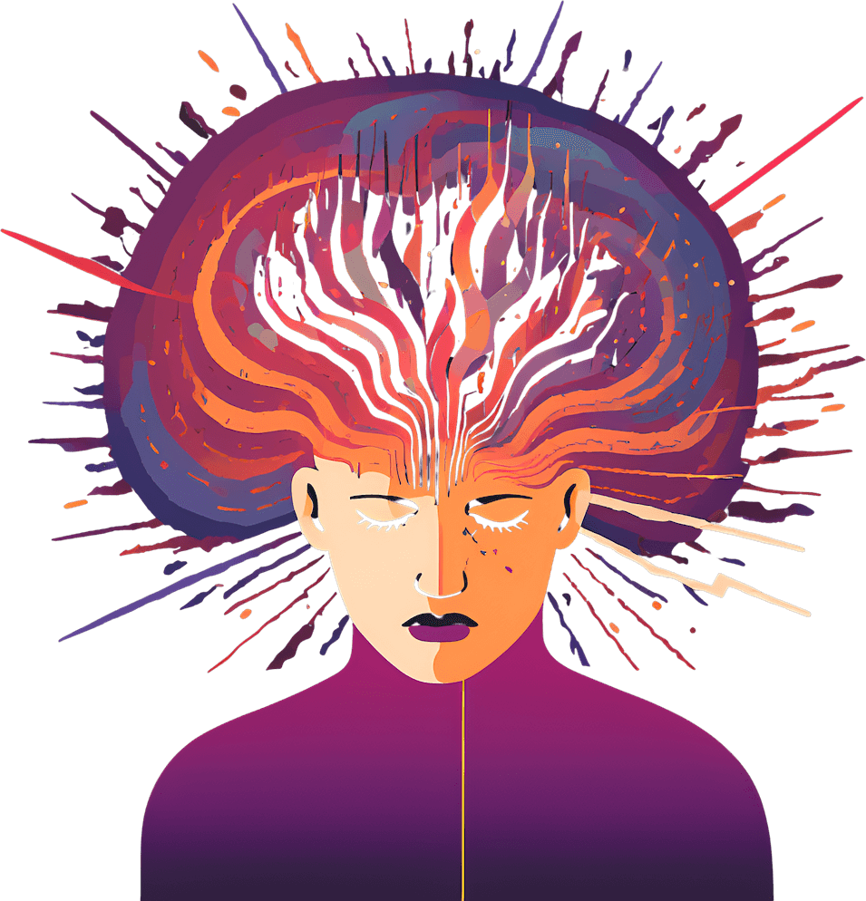 Abstract representation of a headache pain: head with a fiery hair and radial lines.